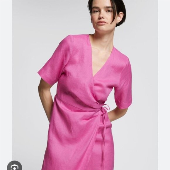 & OTHER STORIES PINK LINEN DIAGONAL WRAP DRESS SIZE EU 36 - Picture 2 of 14